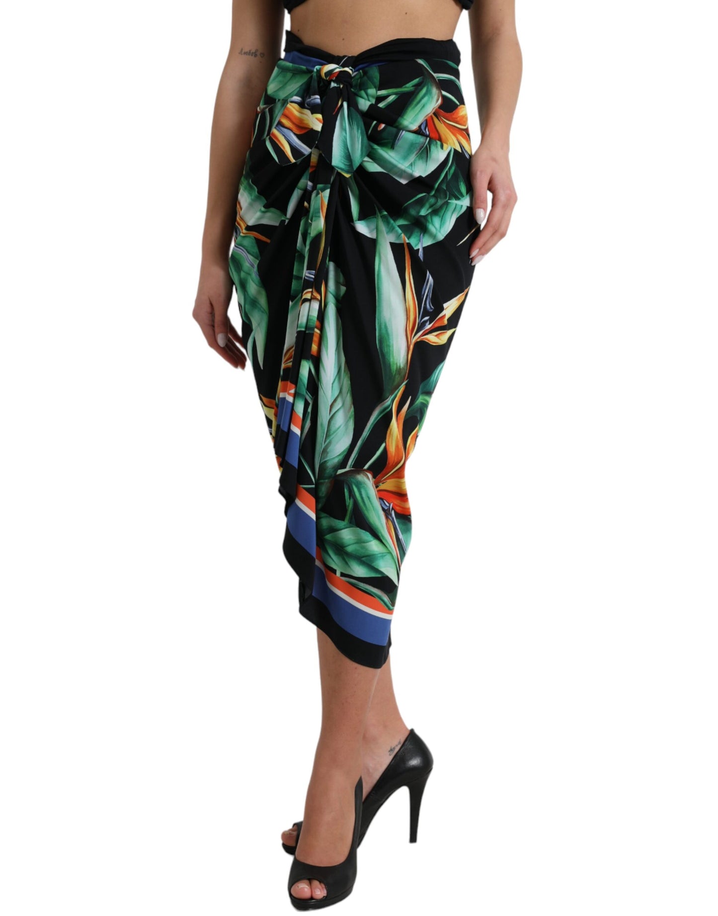 Jupe portefeuille mi-longue taille haute noire Strelitzia