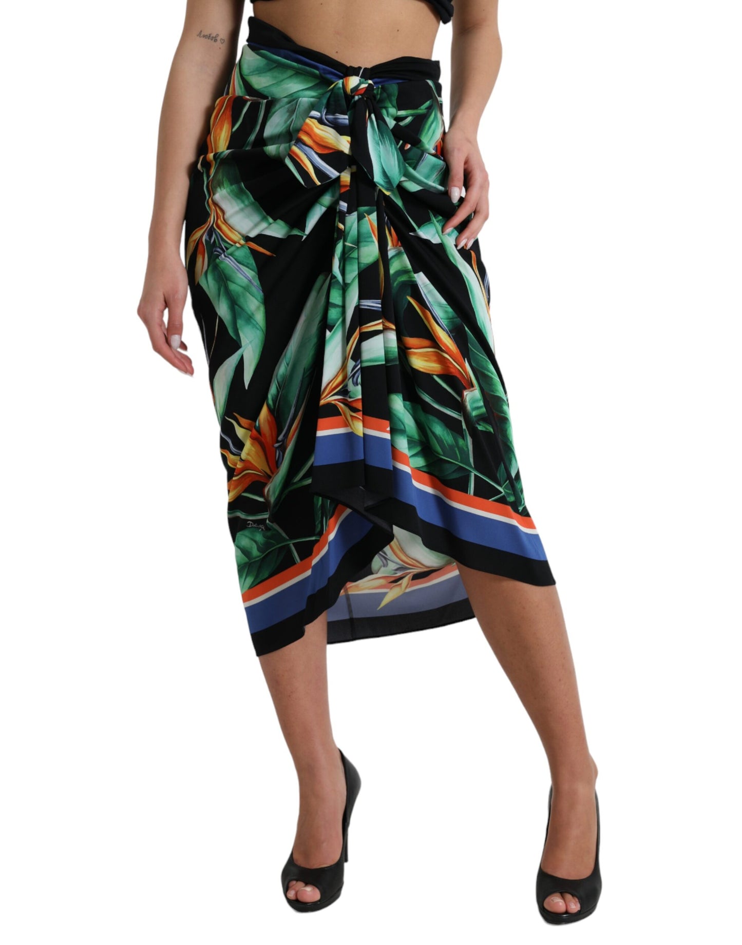 Jupe portefeuille mi-longue taille haute noire Strelitzia