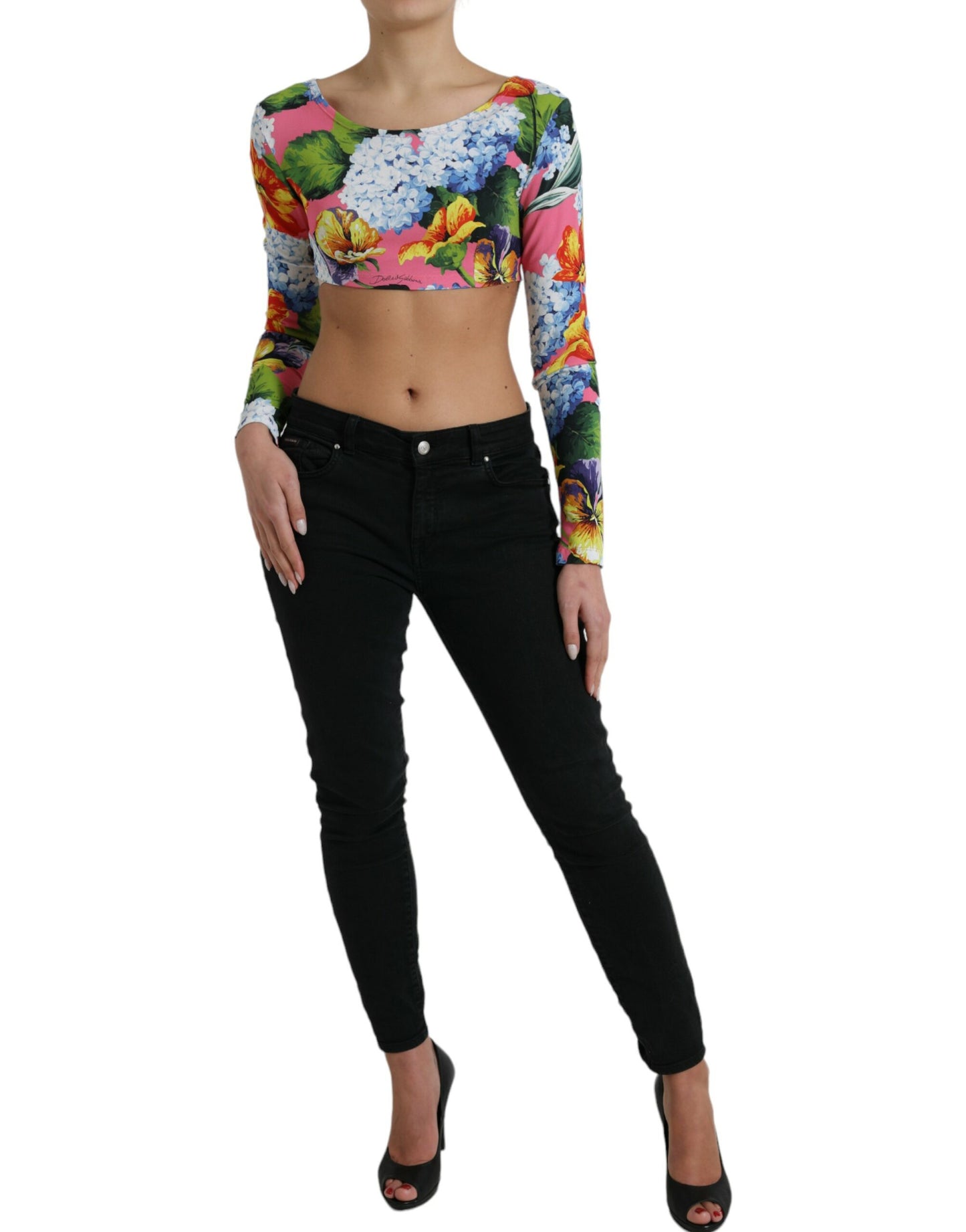 Top corto de manga larga con estampado floral multicolor