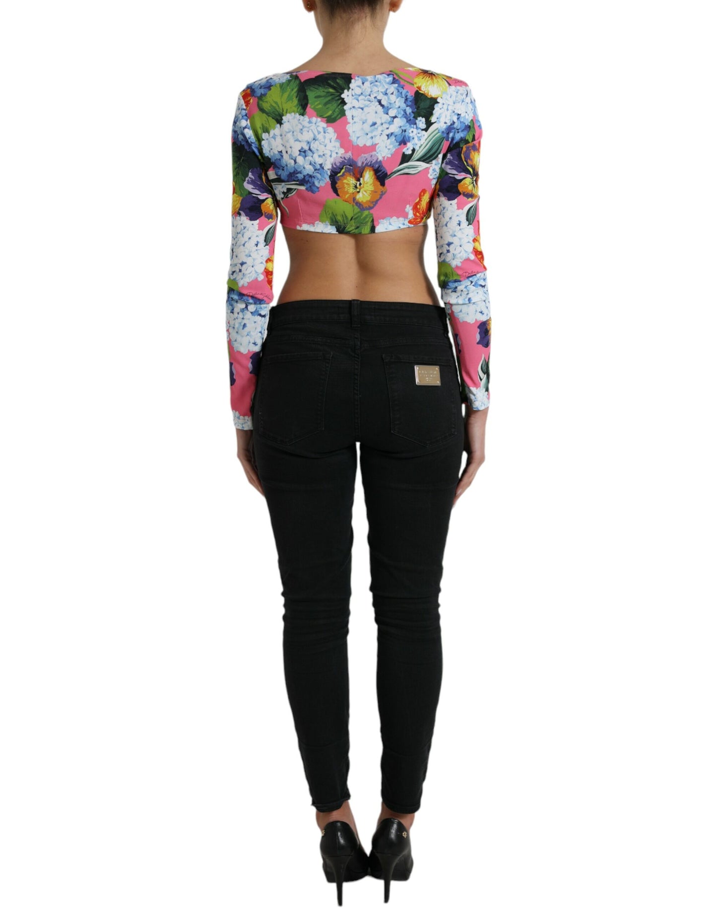 Top corto de manga larga con estampado floral multicolor
