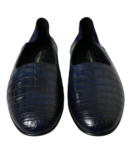 Mocasines de piel de cocodrilo azul sin cordones