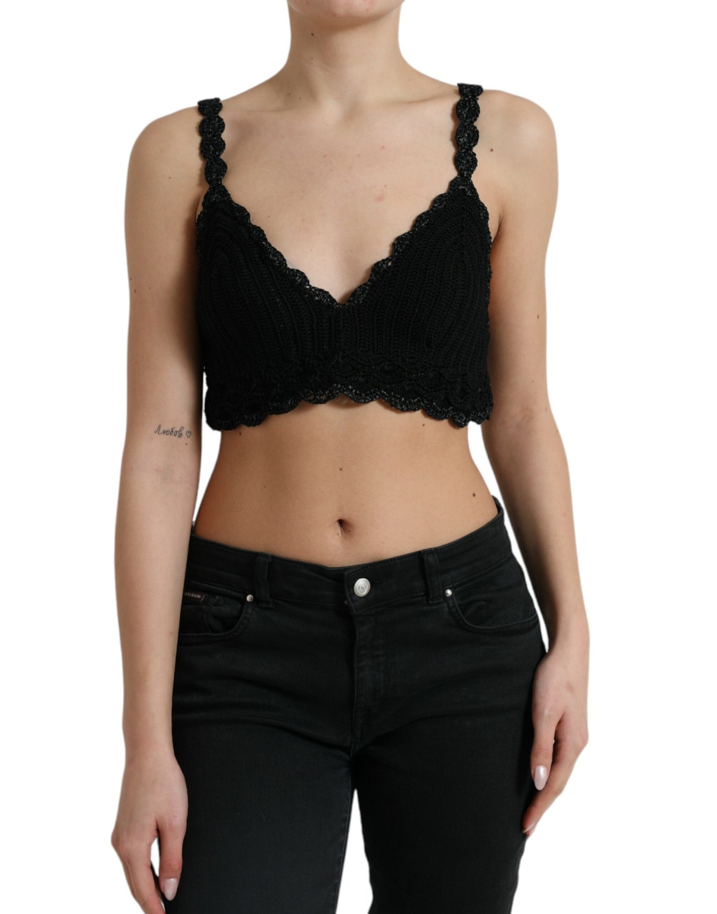 Top corto de crochet con bustier de algodón negro