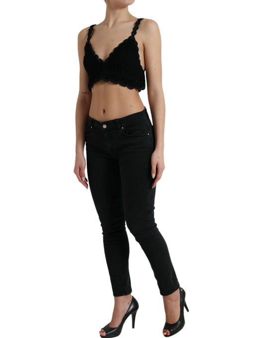 Top corto de crochet con bustier de algodón negro