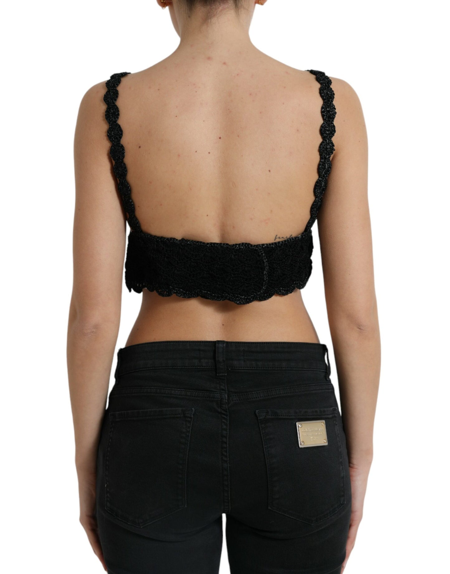 Top corto de crochet con bustier de algodón negro