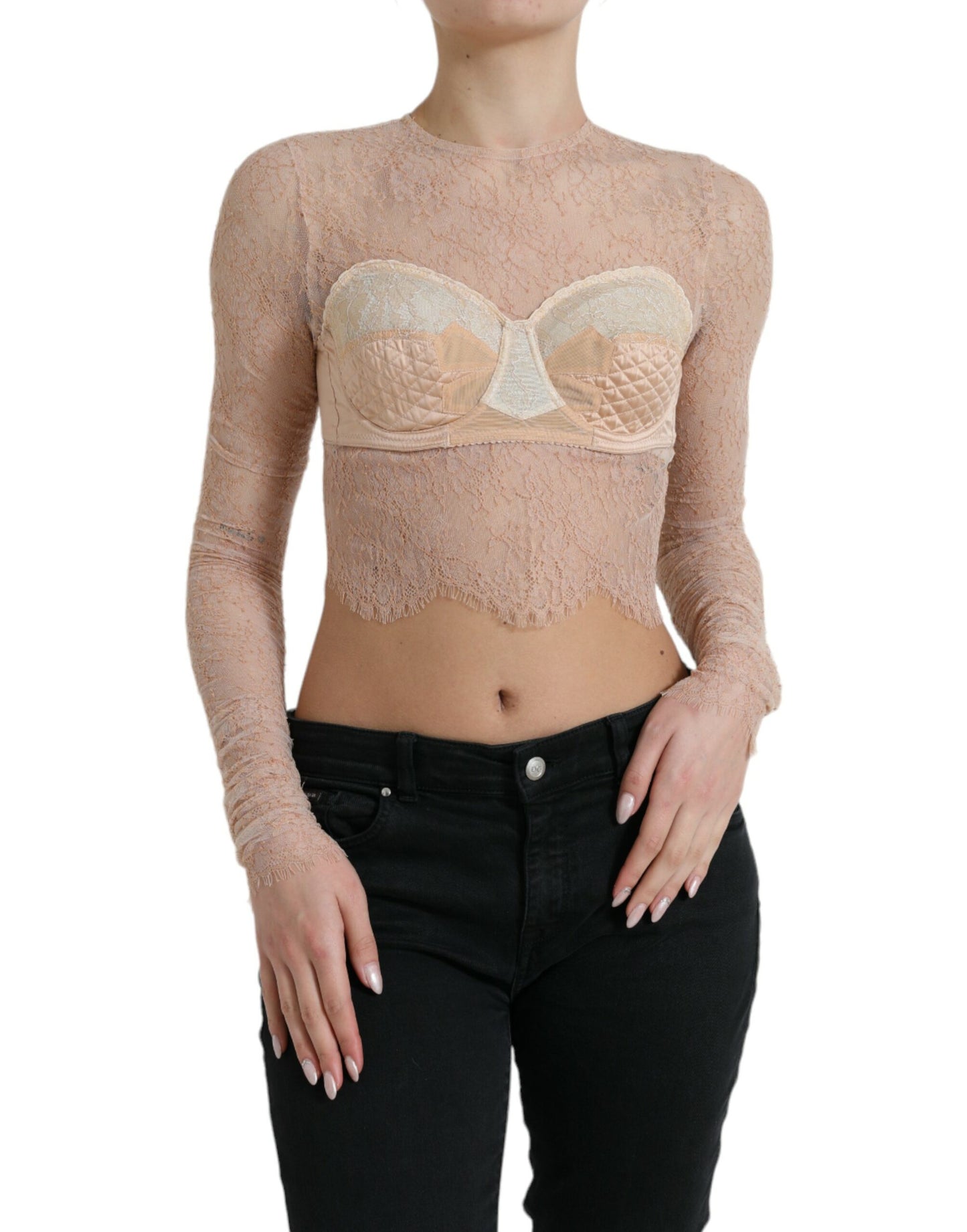 Top corto con corpiño de encaje floral de nailon beige