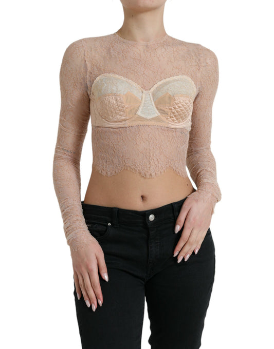 Top corto con corpiño de encaje floral de nailon beige