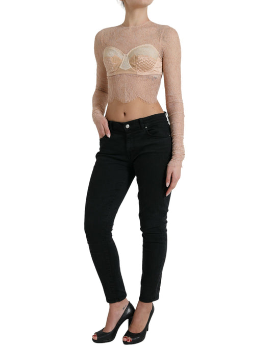 Top corto con corpiño de encaje floral de nailon beige