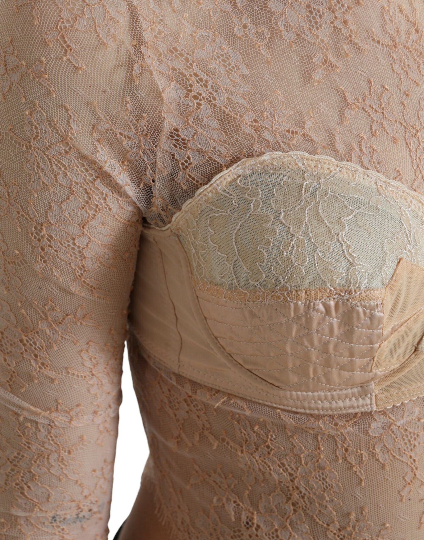 Top corto con corpiño de encaje floral de nailon beige