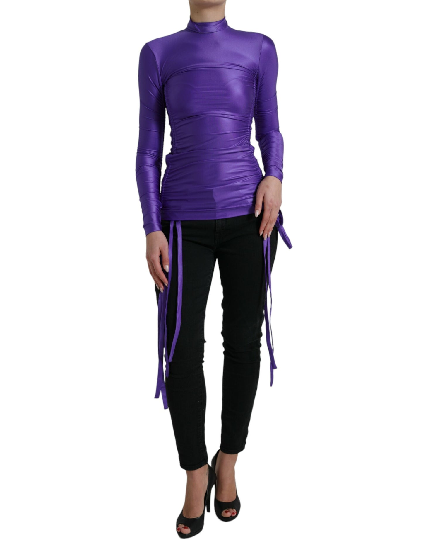 Top de manga larga ajustado de nailon elástico morado