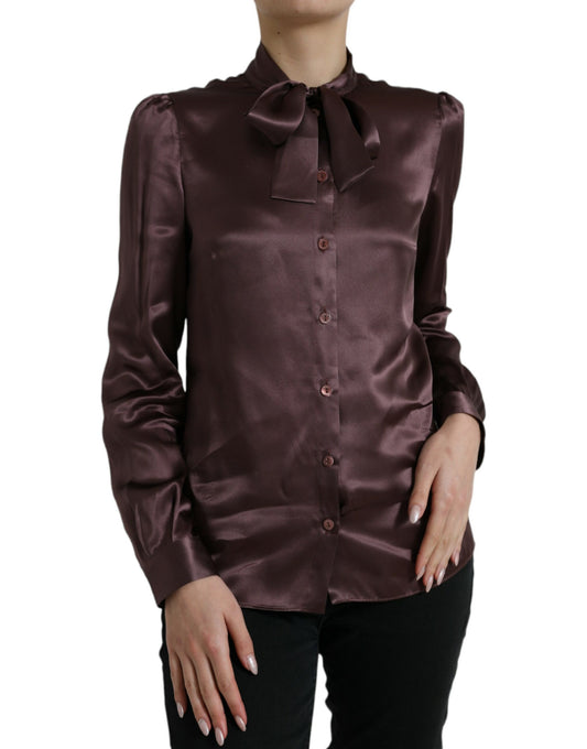 Blusa de manga larga con cuello Ascot de seda marrón