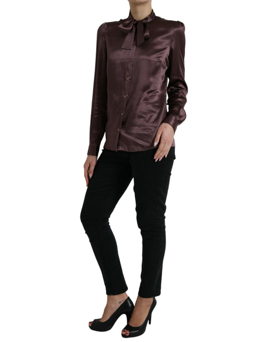 Blusa de manga larga con cuello Ascot de seda marrón