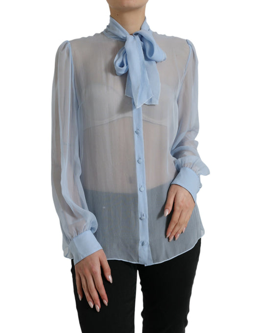 Blusa azul de manga larga con cuello Ascot