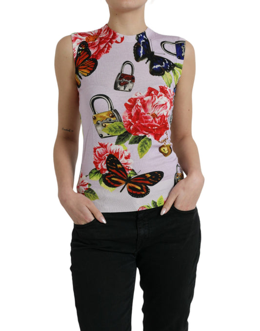 Camiseta sin mangas con mariposa y candado floral multicolor