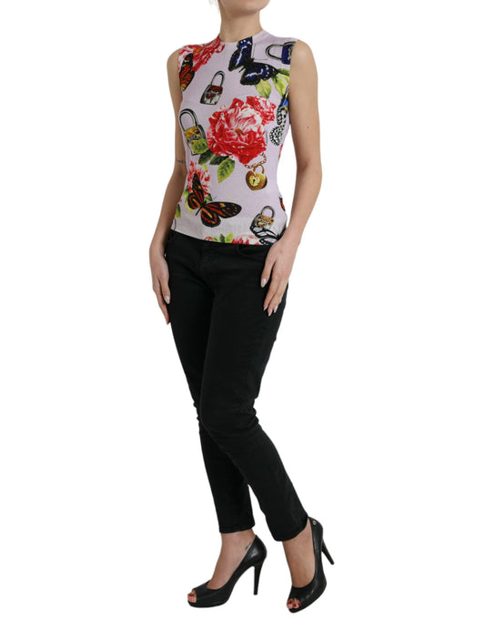 Camiseta sin mangas con mariposa y candado floral multicolor