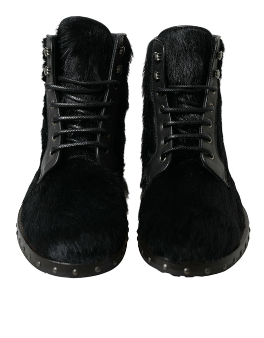 Bottes mi-mollet en cuir noir style poney
