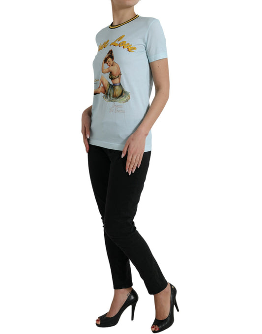 Camiseta de cuello redondo Love de algodón azul claro