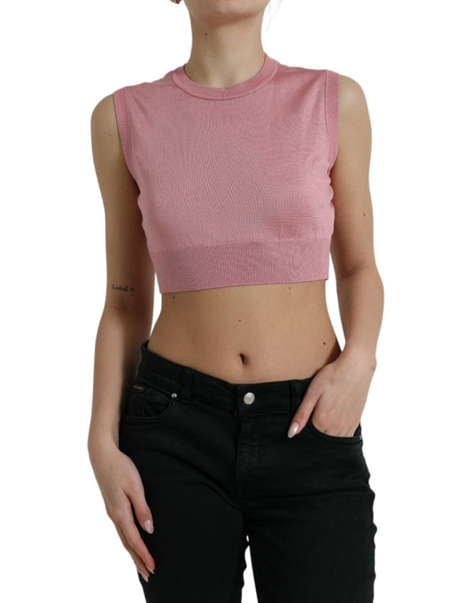 Top corto sin mangas con cuello redondo rosa