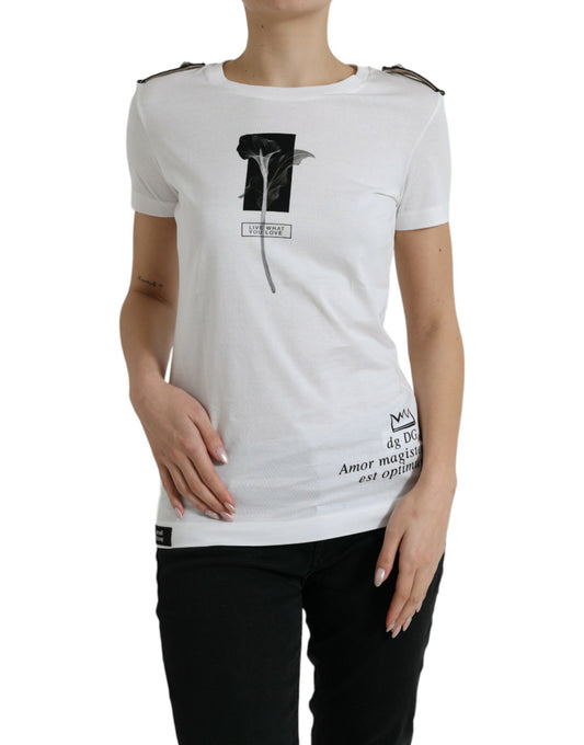 Camiseta de algodón con cuello redondo y rosas blancas y negras