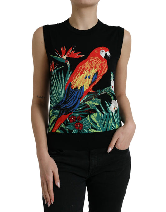 Camiseta sin mangas con cuello redondo y estampado de jungla negra