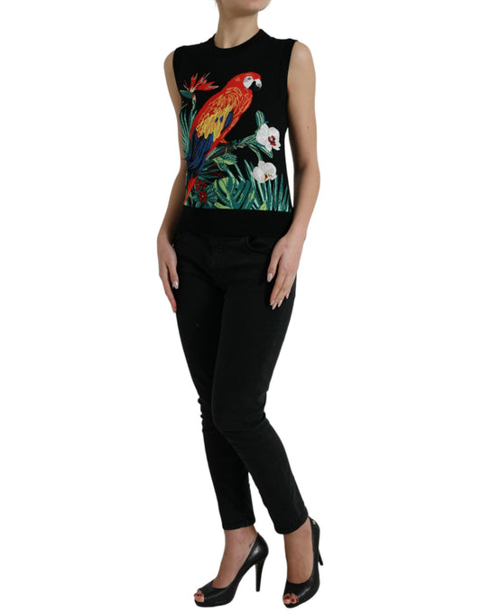 Camiseta sin mangas con cuello redondo y estampado de jungla negra