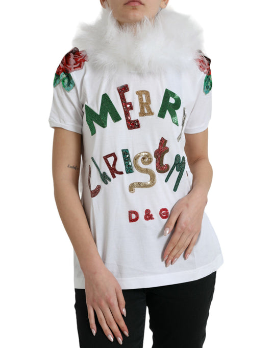 Camiseta navideña de algodón blanco con lentejuelas y pelo