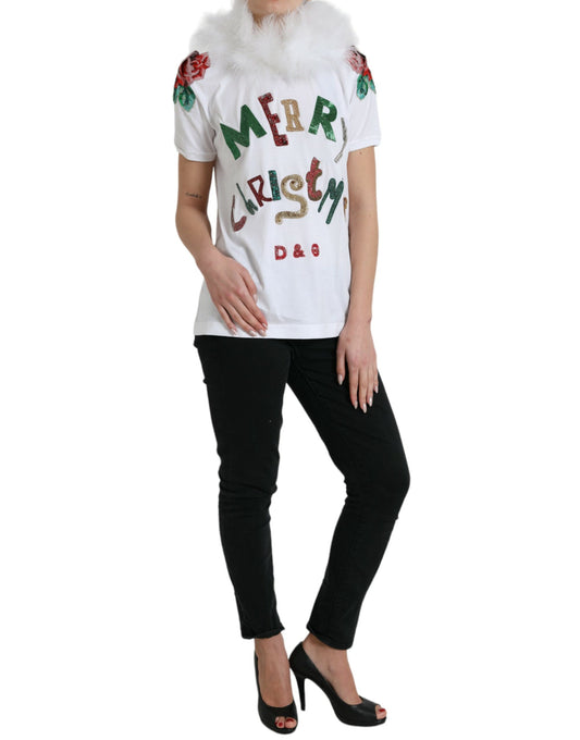 Camiseta navideña de algodón blanco con lentejuelas y pelo