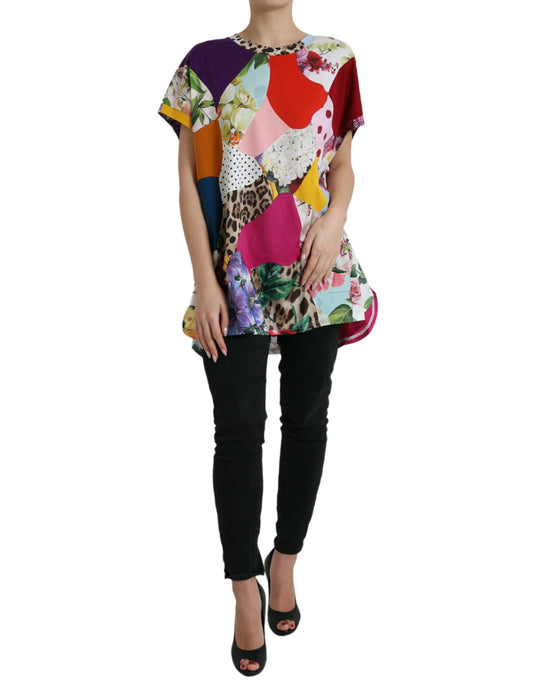 Blusa de seda y algodón con patchwork multicolor