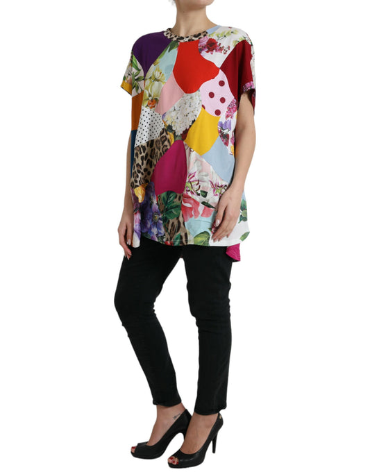 Blusa de seda y algodón con patchwork multicolor