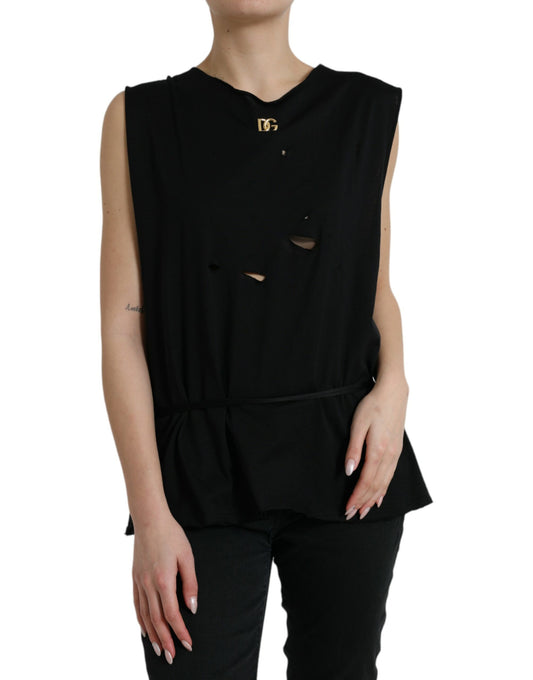 Camiseta sin mangas de algodón negro con cuello redondo y cordones con logotipo