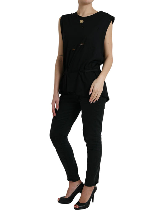 Camiseta sin mangas de algodón negro con cuello redondo y cordones con logotipo