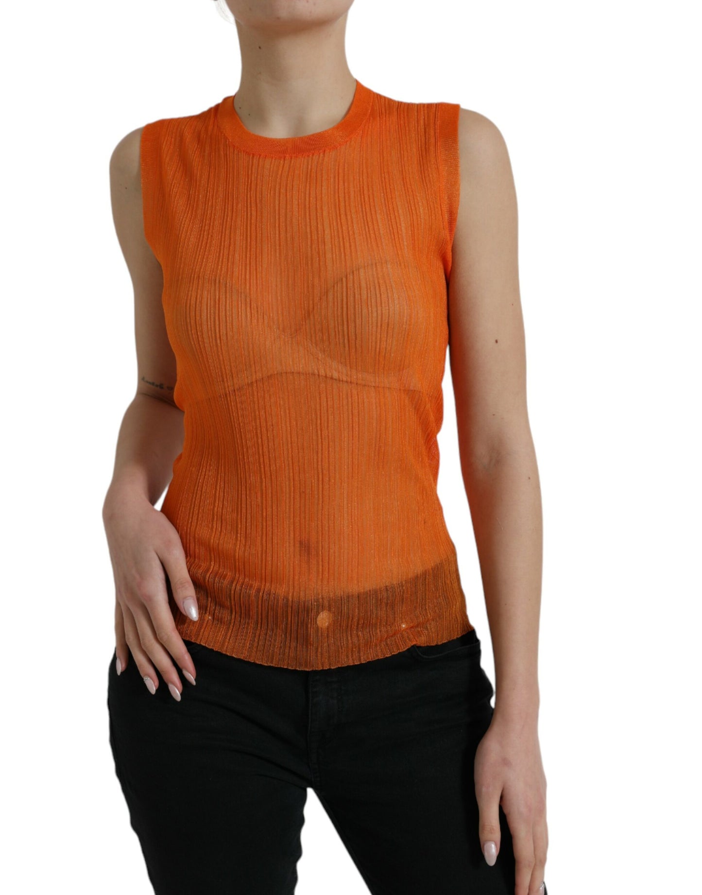 Blusa sin mangas con cuello redondo y transparencias en color naranja