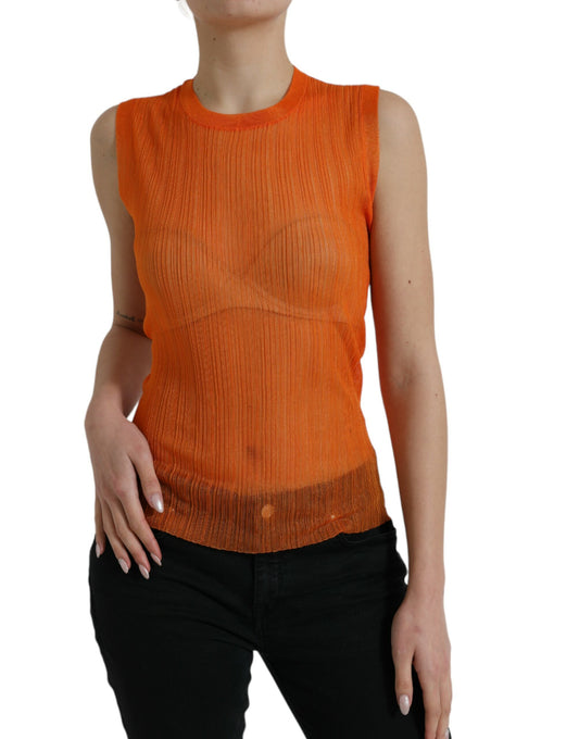 Blusa sin mangas con cuello redondo y transparencias en color naranja
