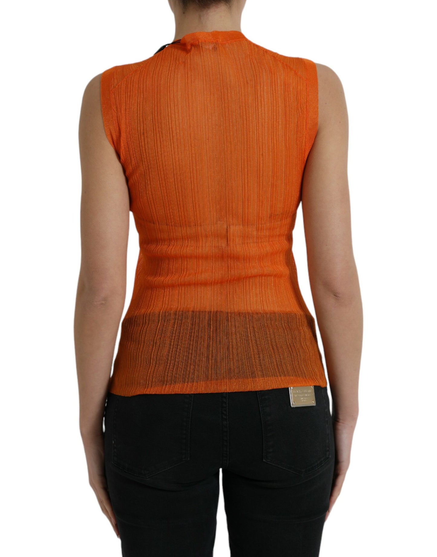 Blusa sin mangas con cuello redondo y transparencias en color naranja