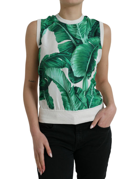 Camiseta sin mangas de cuello redondo con estampado de hojas de plátano blancas