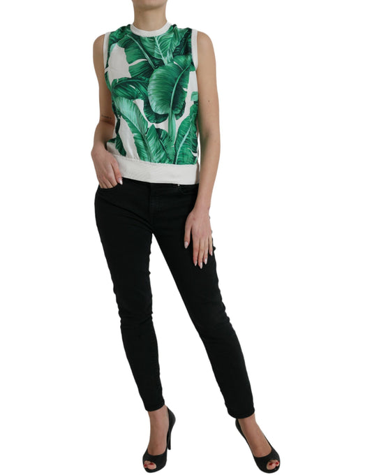 Camiseta sin mangas de cuello redondo con estampado de hojas de plátano blancas
