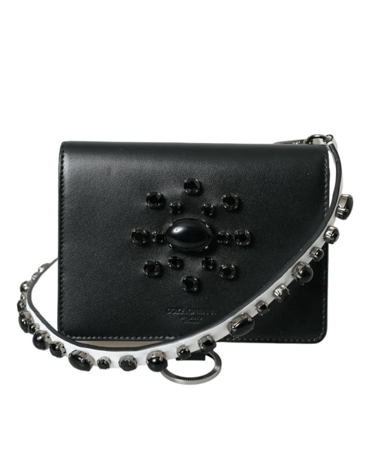 Cartera para tarjetas de cuero blanco y negro con adornos de cristales