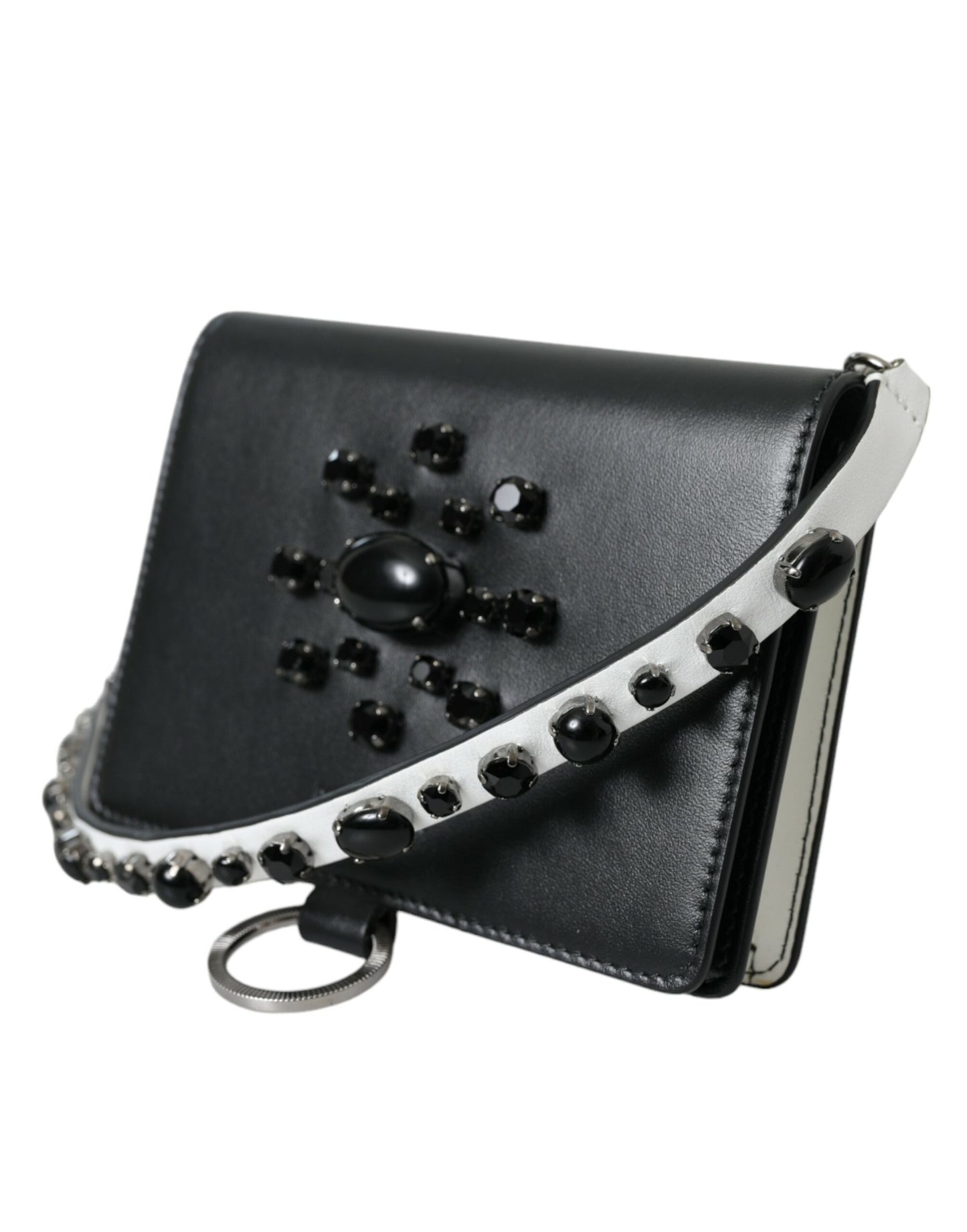 Cartera para tarjetas de cuero blanco y negro con adornos de cristales
