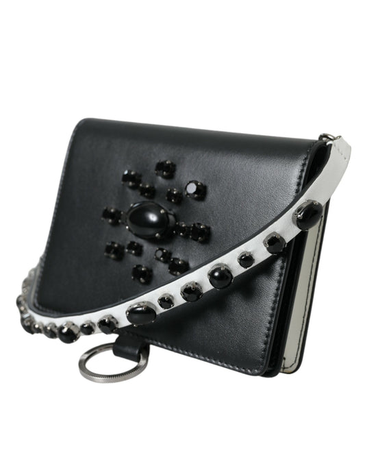 Cartera para tarjetas de cuero blanco y negro con adornos de cristales
