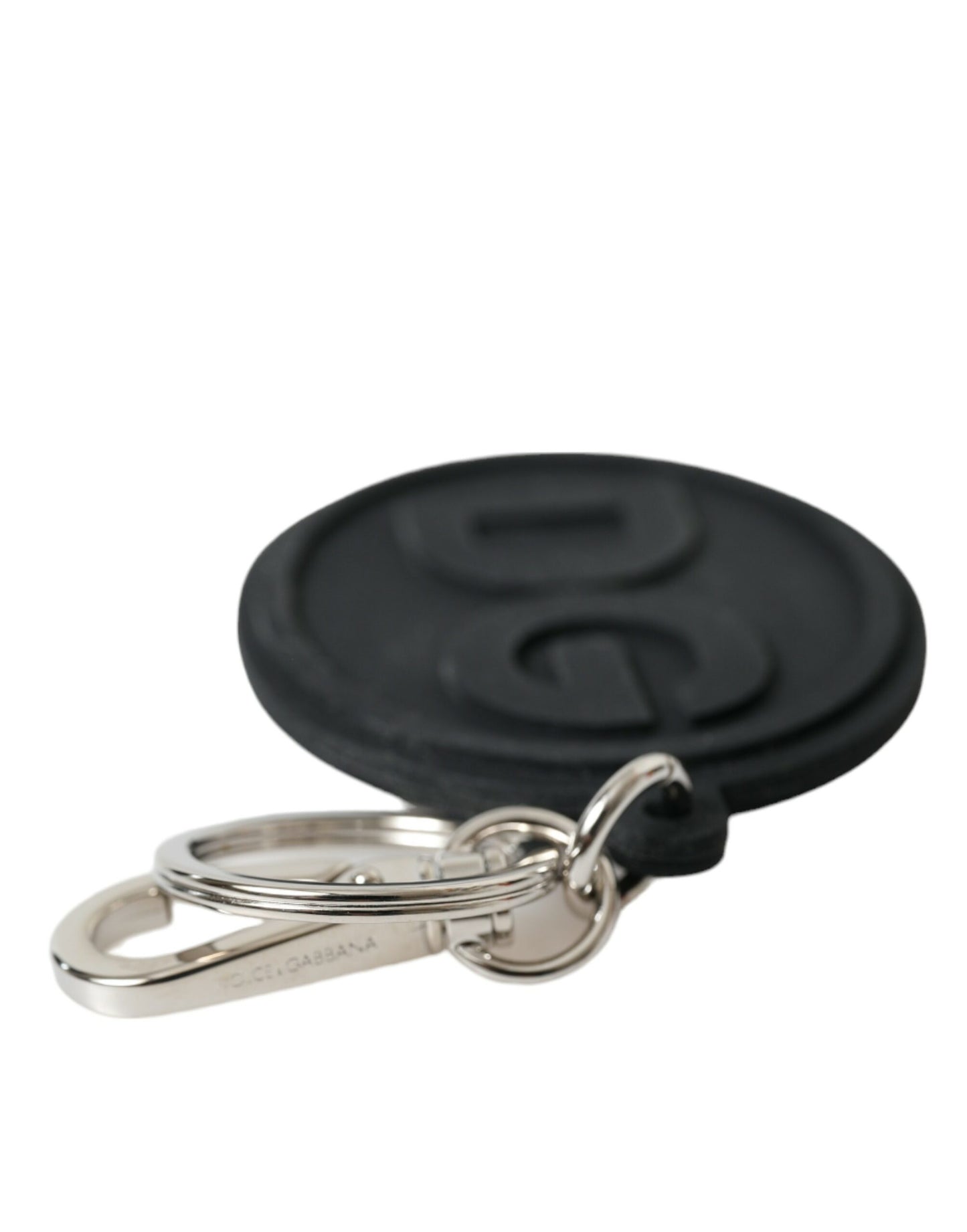 Porte-clés en métal argenté avec logo DG en caoutchouc noir