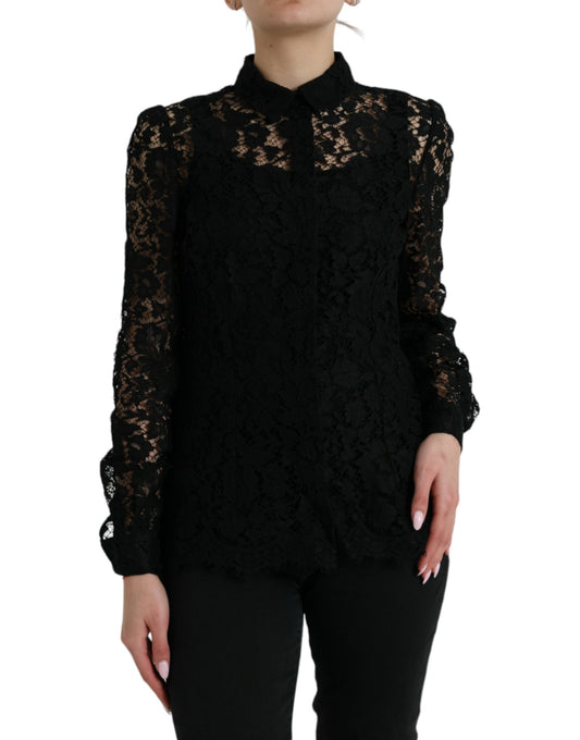 Blusa de manga larga con encaje floral negro