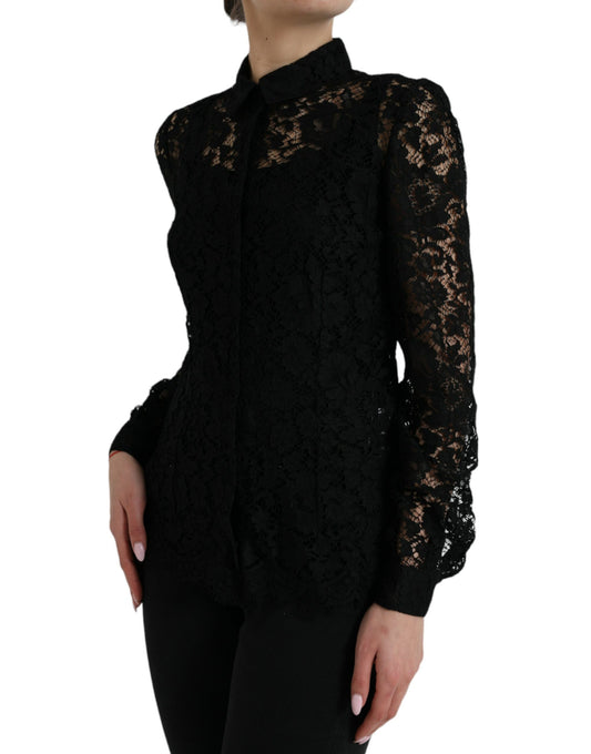 Blusa de manga larga con encaje floral negro