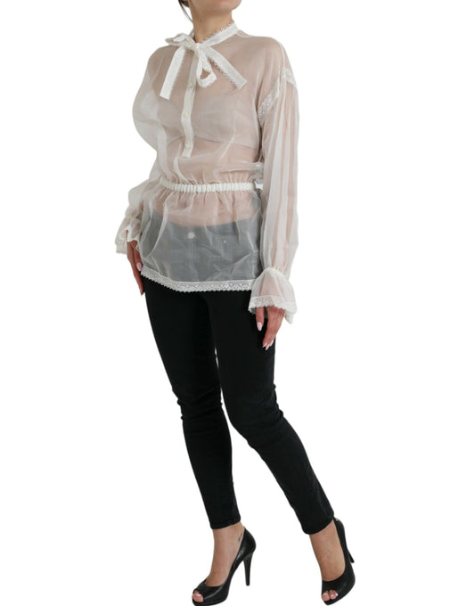 Top de seda blanca de manga larga con cuello Ascot