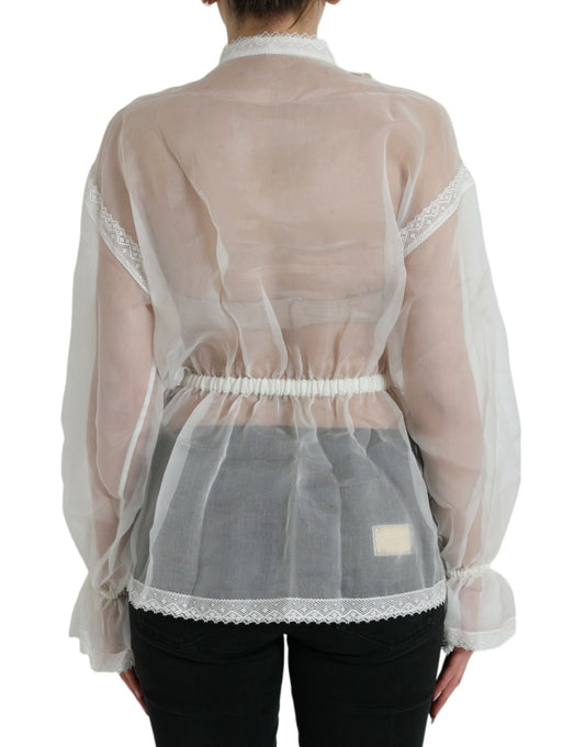 Top de seda blanca de manga larga con cuello Ascot