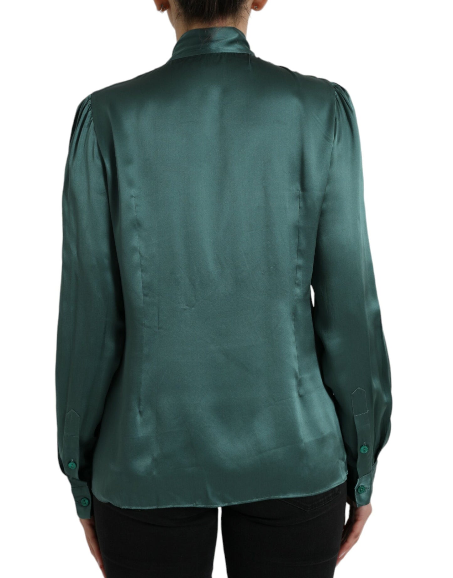 Blusa de seda verde oscuro con cuello Ascot