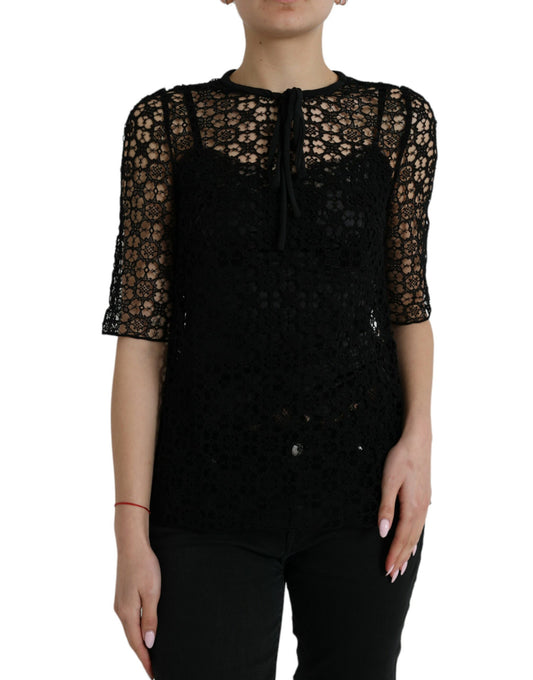 Blusa de manga corta con encaje floral negro