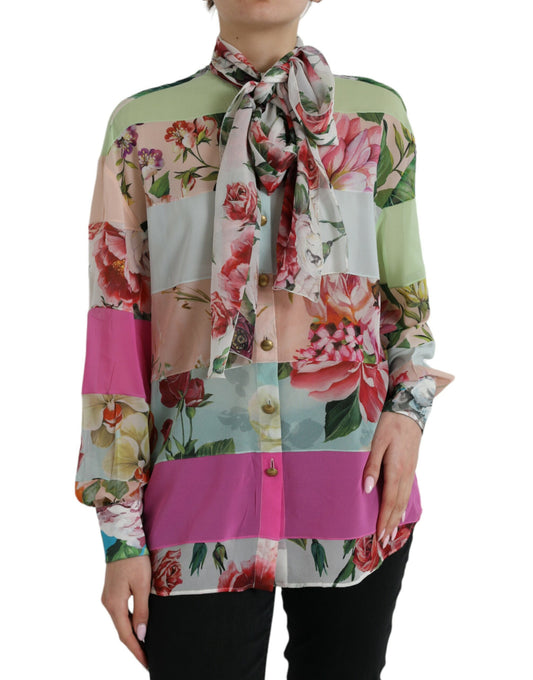 Top con cuello Ascot y patchwork floral multicolor