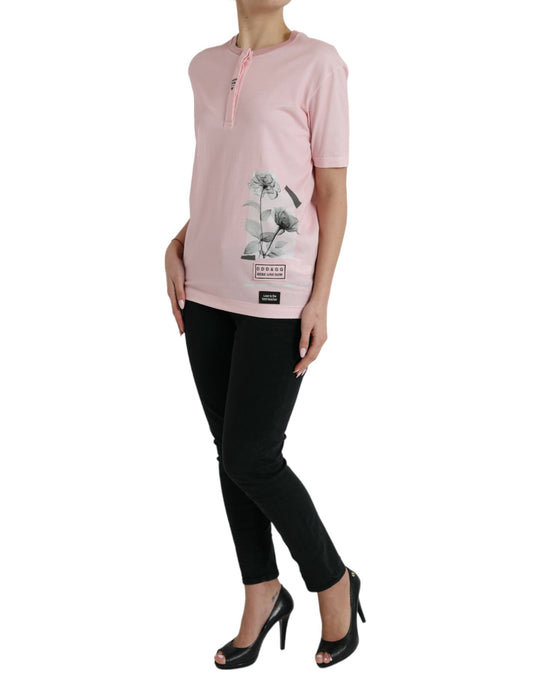 Camiseta de manga corta de algodón con estampado floral rosa