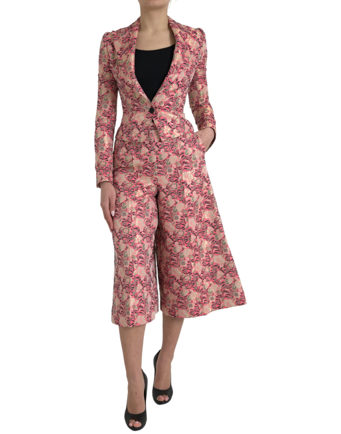 Pink Floral Jacquard Slim Fit 2 Piece Suit