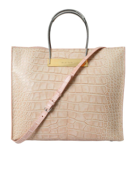 Bolso tote de compras con asa de cable en relieve de cuero exótico rosa