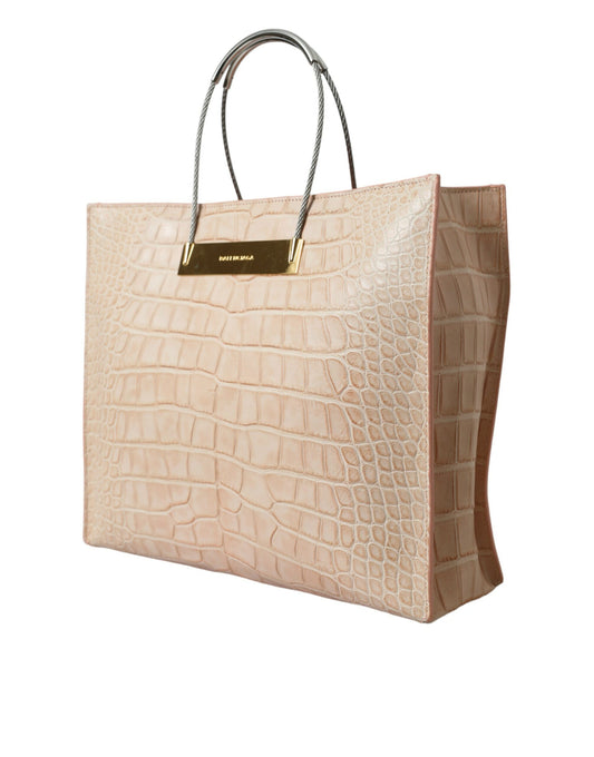 Bolso tote de compras con asa de cable en relieve de cuero exótico rosa
